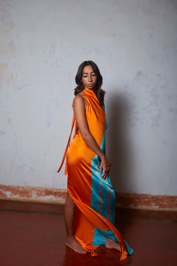 Stephany Silk High Neck Leheriya Dress - Republic of Mode