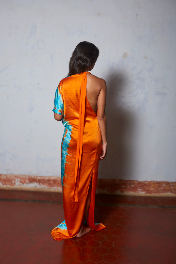 Stephany Silk Knotted High Neck Leheriya Dress - Republic of Mode