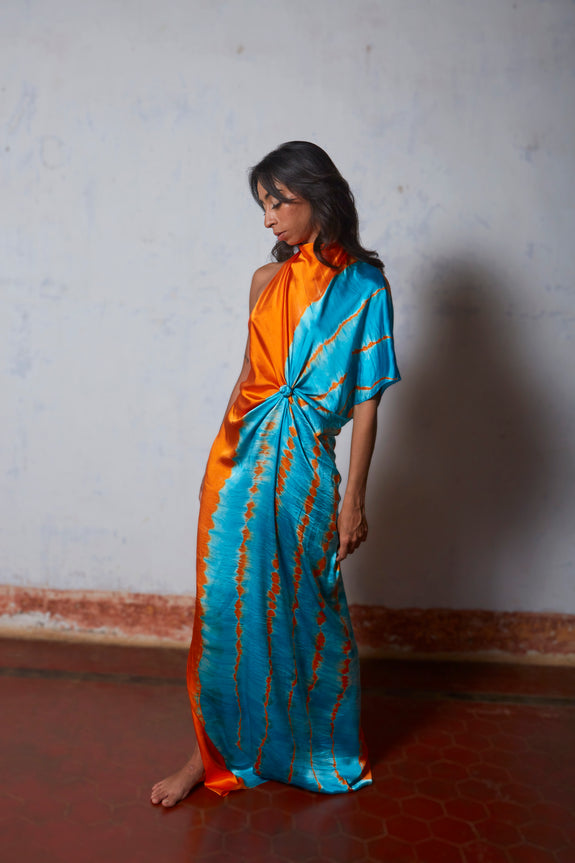 Stephany Silk Knotted High Neck Leheriya Dress - Republic of Mode