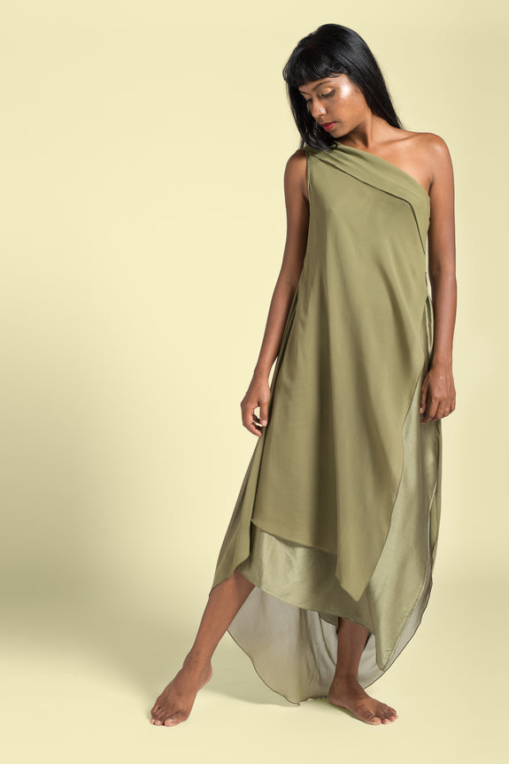 Stephany Silk Back Draped Layered One Shoulder Dress - Republic of Mode