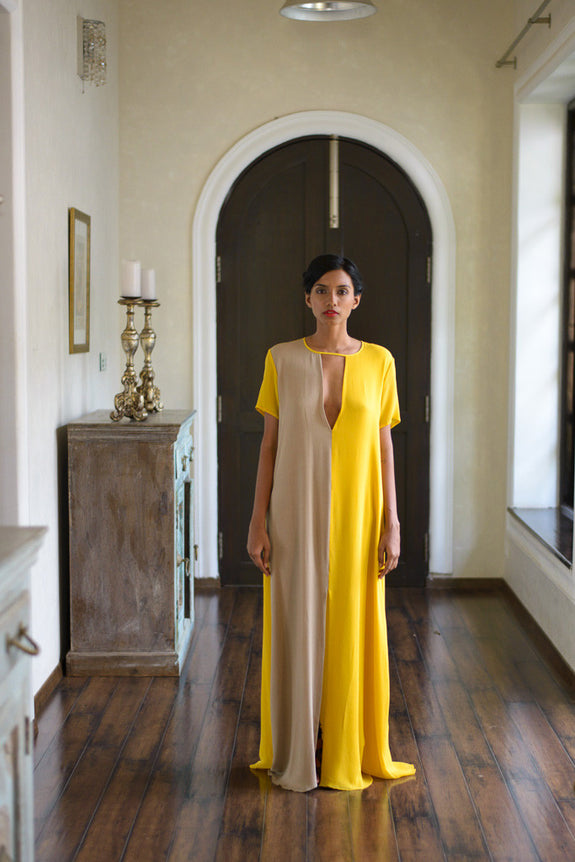 Stephany Silk Deep Neck Color-Block Long Shift Dress - Republic of Mode
