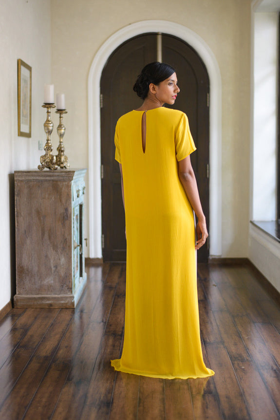 Stephany Silk Deep Neck Color-Block Long Shift Dress - Republic of Mode
