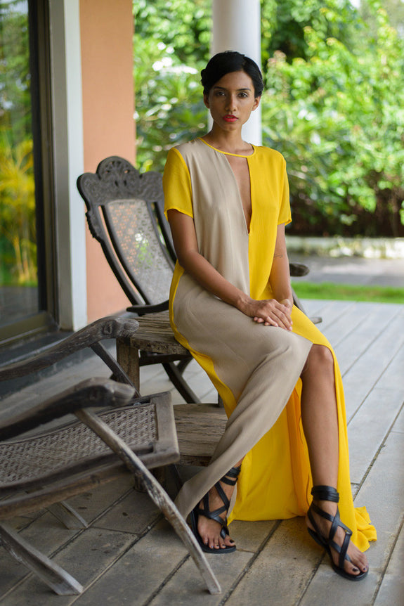 Stephany Silk Deep Neck Color-Block Long Shift Dress - Republic of Mode