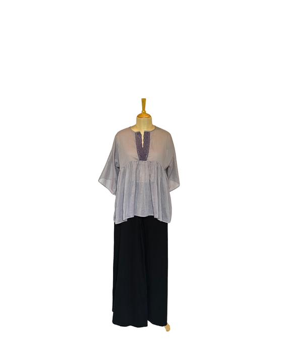 Stephany Cotton V-neck Pleated Top w/ Embroidered Trim - Republic of Mode