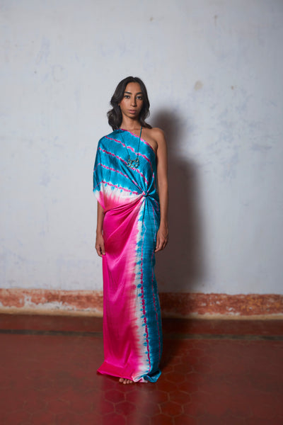 Stephany Silk Knotted One Shoulder Leheriya Dress - Republic of Mode