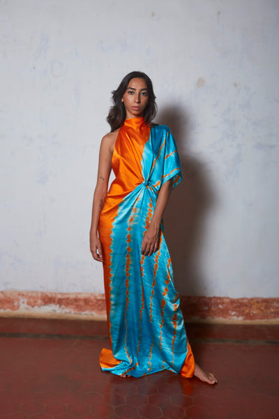 Stephany Silk Knotted High Neck Leheriya Dress - Republic of Mode